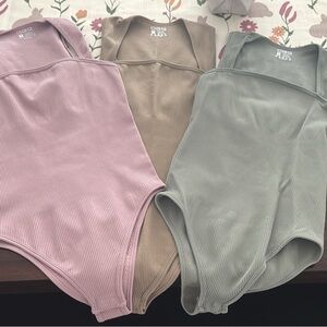 Ribbed Bodysuit Set - Pink, Tan, Green